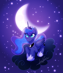 Size: 1041x1205 | Tagged: safe, artist:theantleredwolfie, princess luna (mlp), alicorn, equine, fictional species, mammal, pony, feral, friendship is magic, hasbro, my little pony, 2022, cloud, crescent moon, crown, ethereal mane, ethereal tail, feathered wings, feathers, female, folded wings, headwear, hoof shoes, horn, jewelry, mare, moon, night, peytral, regalia, solo, solo female, wings