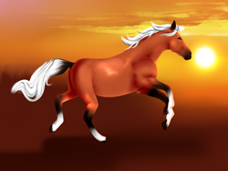 Size: 1000x750 | Tagged: safe, artist:f-ss, epona (zelda), equine, horse, mammal, feral, nintendo, the legend of zelda, 2d, female, galloping, mare, side view, solo, solo female, sun, ungulate