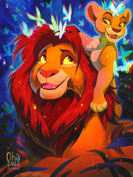 Size: 1280x1707 | Tagged: safe, artist:oha, kiara (the lion king), simba (the lion king), arthropod, big cat, butterfly, feline, insect, lion, mammal, feral, disney, the lion king, 2022, 2d, cub, cute, duo, duo male and female, female, lioness, looking at each other, male, signature, young