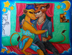 Size: 800x611 | Tagged: safe, artist:stray-sketches, vitani (the lion king), zira (the lion king), big cat, feline, lion, mammal, anthro, disney, the lion king, 2d, anthrofied, curtain, daughter, duo, duo female, female, females only, hug, lioness, mature, mature female, mother, mother and daughter, pajamas, sad, traditional art