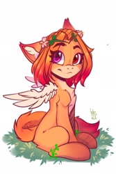 Size: 1367x2048 | Tagged: safe, artist:falafeljake, oc, oc only, canine, fox, hybrid, mammal, floral head wreath, flower, fox pony, looking at you, plant, simple background, solo, white background, wings