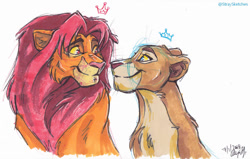 Size: 1017x648 | Tagged: safe, artist:stray-sketches, nala (the lion king), simba (the lion king), big cat, feline, lion, mammal, feral, disney, the lion king, 2d, duo, duo male and female, female, lioness, looking at each other, male, male/female, shipping, simbanala (the lion king), simple background, smiling, traditional art, white background