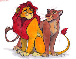 Size: 900x696 | Tagged: safe, artist:stray-sketches, mufasa (the lion king), sarabi (the lion king), big cat, feline, lion, mammal, feral, disney, the lion king, 2d, duo, duo male and female, female, lioness, looking at each other, male, male/female, simple background, smiling, traditional art, white background