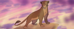 Size: 1024x410 | Tagged: safe, artist:stray-sketches, sarabi (the lion king), big cat, feline, lion, mammal, feral, disney, the lion king, 2d, digital art, female, lioness, rock, solo, solo female