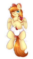 Size: 1178x2140 | Tagged: suggestive, artist:vaiola, apple bloom (mlp), oc, oc:deliambre, equine, fictional species, mammal, pegasus, pony, friendship is magic, hasbro, my little pony, bed, big eyes, blushing, bow, chest fluff, commission, cute, diaper, diaper fetish, eyebrows, family, female, fetish, fluff, full body, hair bow, happy, hug, looking at you, love, lying down, mare, non-baby in diaper, on back, one eye closed, plushie, poofy diaper, shy, simple background, sitting, spread wings, tail, tongue, tongue out, white background, wings, ych result