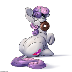 Size: 3000x3000 | Tagged: safe, artist:skitsniga, sweetie belle (mlp), equine, fictional species, mammal, pony, unicorn, feral, friendship is magic, hasbro, my little pony, 2020, 2d, butt, cheek fluff, chest fluff, cute, cutie mark, dock, doughnut, female, filly, fluff, foal, food, high res, holding, hooves, horn, looking back, mouth hold, one eye closed, raised hoof, simple background, slightly chubby, solo, solo female, tail, underhoof, ungulate, white background, young