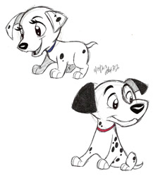 Size: 800x920 | Tagged: safe, artist:stray-sketches, perdita (101 dalmatians), pongo (101 dalmatians), canine, dalmatian, dog, mammal, feral, 101 dalmatians, disney, 2013, 2d, cute, duo, duo male and female, female, male, puppy, smiling, traditional art, young, younger