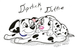 Size: 800x498 | Tagged: safe, artist:stray-sketches, dipstick (101 dalmatians), canine, dalmatian, dog, mammal, feral, 101 dalmatians, disney, 2013, 2d, cute, dottie (101 dalmatians), duo, duo male and female, female, looking at each other, male, male/female, puppy, simple background, smiling, traditional art, white background, young