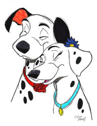 Size: 800x1031 | Tagged: safe, artist:stray-sketches, perdita (101 dalmatians), pongo (101 dalmatians), canine, dalmatian, dog, mammal, feral, 101 dalmatians, disney, 2014, 2d, bust, cute, duo, duo male and female, eyes closed, female, male, male/female, pongoritida (101 dalmatians), shipping, simple background, smiling, traditional art, white background