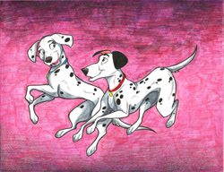 Size: 900x691 | Tagged: safe, artist:stray-sketches, perdita (101 dalmatians), pongo (101 dalmatians), canine, dalmatian, dog, mammal, feral, 101 dalmatians, disney, 2014, 2d, duo, duo male and female, female, looking at each other, male, male/female, pongoritida (101 dalmatians), shipping, traditional art