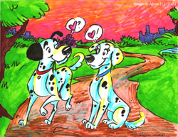 Size: 890x686 | Tagged: safe, artist:stray-sketches, perdita (101 dalmatians), pongo (101 dalmatians), canine, dalmatian, dog, mammal, feral, 101 dalmatians, disney, 2014, 2d, cute, duo, duo male and female, female, heart, looking at each other, male, male/female, shipping, smiling, traditional art