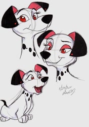 Size: 661x940 | Tagged: safe, artist:stray-sketches, jewel (101 dalmatians), canine, dalmatian, dog, mammal, feral, 101 dalmatians, disney, 2d, female, looking at you, multeity, open mouth, open smile, simple background, smiling, smiling at you, solo, solo female, traditional art, white background