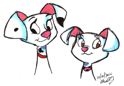 Size: 580x404 | Tagged: safe, artist:stray-sketches, oddball (101 dalmatians), canine, dalmatian, dog, mammal, feral, 101 dalmatians, disney, 2d, bust, dottie (101 dalmatians), duo, duo female, female, females only, looking at you, simple background, smiling, smiling at you, traditional art, white background