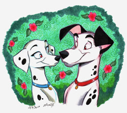 Size: 800x711 | Tagged: safe, artist:stray-sketches, perdita (101 dalmatians), pongo (101 dalmatians), canine, dalmatian, dog, mammal, feral, 101 dalmatians, disney, 2d, bush, duo, duo male and female, female, flower, looking at each other, male, male/female, plant, pongoritida (101 dalmatians), shipping, simple background, smiling, traditional art, white background