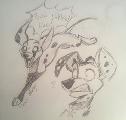 Size: 800x762 | Tagged: safe, artist:stray-sketches, dolly (101 dalmatians), dylan (101 dalmatians), canine, dalmatian, dog, mammal, feral, 101 dalmatian street, 101 dalmatians, disney, 2d, brother, brother and sister, dialogue, duo, duo male and female, female, male, monochrome, siblings, sister, talking, traditional art