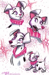 Size: 572x885 | Tagged: safe, artist:stray-sketches, canine, dalmatian, dog, mammal, feral, 101 dalmatians, disney, 2022, 2d, age progression, female, multeity, open mouth, puppy, rebecca (101 dalmatians), solo, solo female, traditional art, young