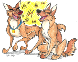 Size: 800x637 | Tagged: safe, artist:stray-sketches, charlie (all dogs go to heaven), oc, canine, dog, german shepherd, mammal, feral, all dogs go to heaven, sullivan bluth studios, 2013, 2d, duo, duo male and female, eyes closed, female, laughing, male, open mouth, open smile, simple background, smiling, traditional art, white background