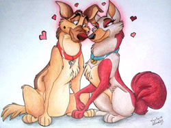 Size: 800x597 | Tagged: safe, artist:stray-sketches, charlie (all dogs go to heaven), canon x oc, oc, canine, dog, german shepherd, mammal, feral, all dogs go to heaven, sullivan bluth studios, 2d, duo, duo male and female, female, heart, looking at each other, male, male/female, shipping, traditional art