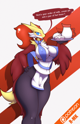 Size: 1070x1650 | Tagged: suggestive, alternate version, artist:r-mk, oc, oc:delphox waitress, delphox, fictional species, anthro, nintendo, pokémon, 2016, apron, bedroom eyes, blushing, breasts, clothes, digital art, ear fluff, ears, eyelashes, female, fluff, food, fur, hand on hip, hip fluff, looking at you, naked apron, nipple outline, nudity, partial nudity, pose, scales, shoulder fluff, solo, solo female, starter pokémon, tail, thighs, wide hips