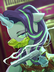 Size: 3000x4000 | Tagged: safe, artist:vanillaghosties, starlight glimmer (mlp), equine, fictional species, mammal, pony, unicorn, feral, friendship is magic, hasbro, my little pony, 2022, bust, clothes, desert eagle, female, gun, horn, magic, mare, mask, robe, solo, solo female, weapon
