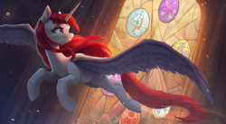 Size: 3940x2160 | Tagged: safe, artist:vanillaghosties, oc, oc:fausticorn (mlp), alicorn, equine, fictional species, mammal, pony, feral, friendship is magic, hasbro, my little pony, 2019, cutie mark, feathered wings, feathers, female, flying, hair, mane, mare, solo, solo female, spread wings, stained glass, sunbeam, tail, wings