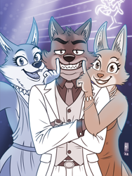 Size: 960x1280 | Tagged: safe, artist:heresyart, diane foxington (the bad guys), mr. wolf (the bad guys), porsha crystal (sing), canine, fox, mammal, wolf, anthro, dreamworks animation, illumination entertainment, sing (film), the bad guys, 2022, bedroom eyes, bottomwear, breasts, clothes, crossover, digital art, dress, ears, eyelashes, female, fur, group, jewelry, looking at you, male, monochrome, necklace, necktie, open mouth, pants, shirt, smiling, smiling at you, suit, tail, thighs, tongue, topwear, trio, unamused, vixen, wide hips