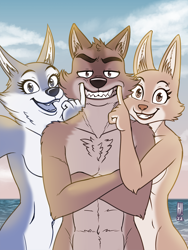 Size: 960x1280 | Tagged: suggestive, alternate version, artist:heresyart, diane foxington (the bad guys), mr. wolf (the bad guys), porsha crystal (sing), canine, fox, mammal, wolf, anthro, dreamworks animation, illumination entertainment, sing (film), the bad guys, 2022, beach, bedroom eyes, breasts, crossover, digital art, ears, eyelashes, female, fur, group, looking at you, male, monochrome, nude beach, open mouth, smiling, smiling at you, tail, thighs, tongue, trio, unamused, vixen, wide hips