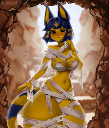 Size: 1097x1280 | Tagged: suggestive, alternate version, artist:w_nacht, ankha (animal crossing), cat, feline, mammal, anthro, animal crossing, nintendo, 2022, bandage, belly button, bikini, black nose, blushing, breasts, clothes, detailed background, digital art, ears, eyelashes, female, fur, hair, hyper, hyper thighs, looking at you, pose, solo, solo female, swimsuit, tail, thighs, unamused, wide hips