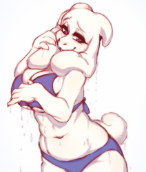 Size: 845x997 | Tagged: safe, artist:tolsticot, toriel (undertale), bovid, goat, mammal, anthro, undertale, 2022, bedroom eyes, belly button, big breasts, bikini, breasts, clothes, digital art, ears, eyelashes, female, fur, looking at you, pose, simple background, solo, solo female, swimsuit, tail, thighs, white background, wide hips