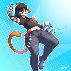 Size: 3000x3000 | Tagged: safe, artist:doxxylbox, meow skulls (fortnite), calico, cat, feline, mammal, anthro, epic games, fortnite, 1:1, 2022, 3 toes, absurd resolution, action pose, bandolier, barefoot, beanie, belly button, ben day dots, beverage can, black claws, black clothing, blue background, blushing, bottomwear, brown body, brown fur, bullet, bust, cell phone, chug splash, claws, clothes, denim, denim clothing, drink, drunk, eyeshadow, feet, female, full-length portrait, fur, gray body, gray fur, half closed eyes, hat, headgear, headwear, high res, holding, holding object, hoodie, jeans, jewelry, leaning, leaning back, liquid, looking at you, makeup, midriff, mottled, multicolored body, multicolored fur, narrowed eyes, necklace, offering drink, on one leg, pants, phone, piebald, piercing, portrait, pose, print clothing, print topwear, ripped jeans, ripped pants, shaded, simple background, six-pack, smartphone, smiling, solo, solo female, standing, striped sleeves, substance intoxication, summer, thick thighs, thighs, toes, tongue, tongue out, topwear, torn bottomwear, torn clothes, torn pants, video game, wallet chain, white body, white fur, yellow eyes