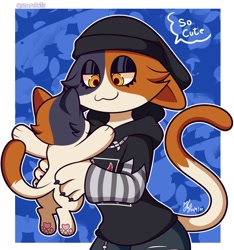 Size: 1131x1208 | Tagged: safe, artist:zarckets, kit (fortnite), meow skulls (fortnite), calico, cat, feline, mammal, anthro, feral, epic games, fortnite, 2022, abstract background, aunt, aunt and nephew, beanie, black claws, black clothing, border, bottomwear, brown body, brown fur, carrying another, cel shading, claws, clothes, denim, denim clothing, duo, ear piercing, english text, eyeshadow, family, female, fish hook, fur, gray body, gray fur, half closed eyes, hat, headgear, headwear, high res, hoodie, jeans, jewelry, larger female, looking at another, makeup, male, mottled, multicolored body, multicolored fur, narrowed eyes, necklace, nephew, pants, paw pads, paws, piebald, piercing, portrait, print clothing, print topwear, ripped jeans, ripped pants, shaded, signature, size difference, smaller male, smiling, speech bubble, spread arms, striped sleeves, text, topwear, torn bottomwear, torn clothes, torn pants, video game, wallet chain, white body, white border, white fur, yellow eyes