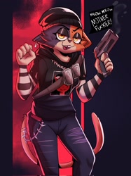 Size: 1529x2048 | Tagged: safe, artist:blamedshark, meow skulls (fortnite), calico, cat, feline, mammal, anthro, epic games, fortnite, 2022, 5 fingers, beanie, bottomwear, cell phone, clothes, ear piercing, female, fingers, fur, gun, hat, headgear, headwear, high res, hoodie, lidded eyes, looking at you, mottled, multicolored body, multicolored fur, pants, phone, piercing, ranged weapon, signature, smartphone, solo, solo female, topwear, torn clothes, vulgar, weapon