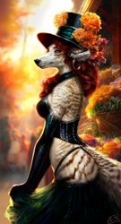 Size: 512x950 | Tagged: safe, artist:jean_pentecost, canine, fox, mammal, anthro, bottomwear, clothes, female, flower, fur, hat, headwear, plant, skirt, solo, solo female, tail, thick thighs, thighs, topwear, wide hips