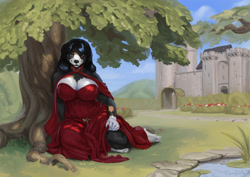 Size: 1100x778 | Tagged: safe, artist:conqista, canine, dog, mammal, anthro, bedroom eyes, big breasts, black hair, blue eyes, bottomwear, breasts, brown eyes, castle, clothes, dress, female, fur, gray body, gray fur, hair, heterochromia, looking at you, outdoors, paws, plant, sitting, solo, solo female, thick thighs, thighs, tree, white body, white fur, wide hips