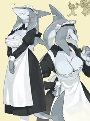 Size: 2048x2732 | Tagged: safe, artist:kame, fish, shark, anthro, big breasts, breasts, cleavage, clothes, maid, maid outfit, scar, tail, tail fin