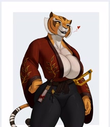 Size: 3537x4096 | Tagged: safe, artist:pancarta7, master tigress (kung fu panda), big cat, feline, mammal, tiger, anthro, dreamworks animation, kung fu panda, 2022, absolute cleavage, breasts, cleavage, female, huge breasts, solo, solo female, thick thighs, thighs, wide hips