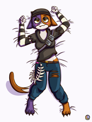 Size: 2328x3080 | Tagged: safe, artist:lunascribbles, meow skulls (fortnite), calico, cat, feline, mammal, anthro, fortnite, 3 toes, 4 fingers, beanie, bottomwear, clothes, female, fur, hoodie, looking at you, multicolored fur, pants, solo, solo female, topwear, video game