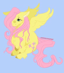 Size: 2200x2500 | Tagged: safe, artist:moonshade907, fluttershy (mlp), equine, fictional species, mammal, pegasus, pony, feral, friendship is magic, hasbro, my little pony, 2022, blue background, blushing, colored hooves, feathered wings, feathers, female, floppy ears, hair, high res, hooves, looking away, looking down, mane, mare, pink hair, pink mane, pink tail, raised hoof, simple background, sitting, solo, solo female, spread wings, tail, three-quarter view, unshorn fetlocks, wings, yellow body