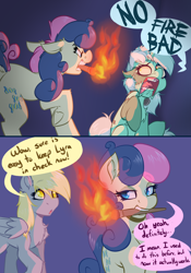 Size: 3640x5200 | Tagged: safe, artist:witchtaunter, bon bon (mlp), derpy hooves (mlp), lyra heartstrings (mlp), earth pony, equine, fictional species, mammal, pegasus, pony, unicorn, feral, friendship is magic, hasbro, my little pony, 2022, absurd resolution, angry, comic, faic, floppy ears, frankenpony, frankenstein's monster, gradient background, halloween, high res, holiday, mlp fim's twelfth anniversary, scared, simple background, sitting, speech bubble, stitches, torch, unamused, yelling