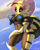 Size: 960x1200 | Tagged: safe, artist:paradoxing5, oc, oc:blossom (thousandfoldfeathers), arthropod, bee, insect, anthro, 2022, belly button, bikini, black sclera, breasts, clothes, colored sclera, detailed background, digital art, ears, eyelashes, female, fur, hair, hand on hip, pose, solo, solo female, swimsuit, tail, thighs, umbrella, wide hips
