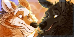 Size: 1280x640 | Tagged: safe, artist:bunnymama, oc, oc only, canine, mammal, wolf, anthro, 2d, bust, commission, duo, duo male and female, female, looking at each other, male, smiling