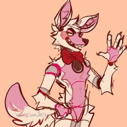 Size: 894x894 | Tagged: artist needed, source needed, safe, funtime foxy (fnaf), animatronic, canine, fictional species, fox, mammal, robot, anthro, five nights at freddy's, beige background, bigender, bow, bow tie, claws, clothes, fluff, fur, hand on hip, lidded eyes, looking back, pink body, pink fur, sharp teeth, simple background, solo, standing, teeth, waving, white body, white fur