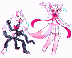 Size: 2048x1650 | Tagged: safe, artist:minxinq, mangle (fnaf), animatronic, canine, fictional species, fox, mammal, robot, five nights at freddy's, bigender, bow, cute, duality, eyes closed, fur, pink body, pink fur, simple background, solo, stars, white background, white body, white fur