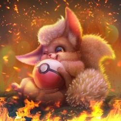 Size: 1280x1280 | Tagged: safe, artist:wylfi, eeveelution, fictional species, flareon, mammal, feral, nintendo, pokémon, ambiguous gender, cute, fire, one eye closed, poké ball, smiling, solo, solo ambiguous