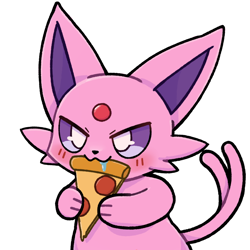 Size: 1000x1000 | Tagged: safe, artist:park horang, eeveelution, espeon, fictional species, mammal, feral, nintendo, pokémon, 2022, 2d, ambiguous gender, biting, black nose, blushing, cute, digital art, ears, food, fur, pizza, scales, simple background, solo, solo ambiguous, tail, white background