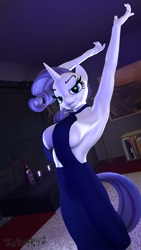 Size: 1080x1920 | Tagged: suggestive, artist:rekinek5-7, rarity (mlp), equine, fictional species, mammal, pony, unicorn, anthro, plantigrade anthro, friendship is magic, hasbro, my little pony, 2022, 3d, absolute cleavage, alcohol, anthrofied, bottle, bottomwear, breasts, cleavage, clothes, container, digital art, dress, drink, eyelashes, eyeshadow, female, glass, hair, horn, looking at you, makeup, mane, mare, purple hair, purple mane, purple tail, source filmmaker, tail, white body, wine, wine bottle, wine glass