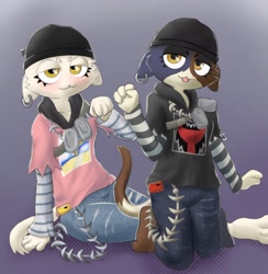 Size: 1525x1563 | Tagged: safe, artist:liet4649, cloud nine (fortnite), meow skulls (fortnite), calico, cat, feline, mammal, anthro, epic games, fortnite, 2022, 3 toes, alternate coloration, alternate costume, bandolier, barefoot, beanie, ben day dots, black clothing, blep, blushing, bottomwear, breasts, brown body, brown fur, bust, cell phone, clothes, denim, denim clothing, duo, duo female, ear piercing, eyelashes, eyeshadow, feet, female, females only, fish hook, fist, fist bump, full-length portrait, fur, gesture, gradient background, gray body, gray fur, half closed eyes, hat, headgear, headwear, high res, hoodie, jeans, jewelry, kneeling, looking at you, makeup, mottled, multicolored body, multicolored fur, narrowed eyes, necklace, pants, phone, piebald, piercing, pink clothing, pink topwear, portrait, print clothing, print topwear, purple background, ripped jeans, ripped pants, sardine tin, shaded, simple background, sitting, small breasts, smartphone, soft shading, striped sleeves, toes, tongue, tongue out, topwear, torn bottomwear, torn clothes, torn pants, video game, wallet chain, white body, white fur, yellow eyes