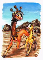 Size: 1920x2684 | Tagged: safe, artist:lupiarts, farigiraf, fictional species, girafarig, feral, nintendo, pokémon, spoiler:pokémon gen 9, spoiler:pokémon scarlet and violet, 2022, 2d, ambiguous gender, ambiguous only, brown body, brown eyes, brown fur, cloven hooves, duo, duo ambiguous, ears, fur, hooves, horns, looking at each other, orange body, orange fur, outdoors, running, signature, smiling, tail, teeth, tongue, traditional art, yellow body, yellow fur