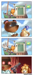 Size: 1600x3600 | Tagged: safe, artist:scruffypoop, crazy redd (animal crossing), isabelle (animal crossing), tom nook (animal crossing), canine, dog, fox, mammal, raccoon dog, red fox, shih tzu, anthro, animal crossing, nintendo, 2020, 2d, angry, apron, arm marking, artist name, blue eyes, boat, body markings, brown body, brown fur, clothes, cloud, comic, cross-popping veins, crossed arms, cz-75, digital art, dipstick tail, duo focus, female, fingers, flag, funny, fur, gesture, gloves (arm marking), group, gun, handgun, looking at each other, male, male focus, middle finger, multicolored body, multicolored fur, no pupils, orange body, orange fur, outdoors, pistol, question mark, shirt, shocked, sky, solo focus, tail, topwear, toy dog, trio, two toned body, two toned fur, vulgar, weapon, white body, white fur, yellow body, yellow fur