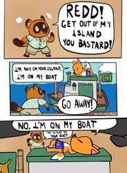 Size: 1504x2048 | Tagged: safe, artist:dinoskar, crazy redd (animal crossing), tom nook (animal crossing), canine, fox, mammal, raccoon dog, red fox, anthro, animal crossing, nintendo, 2d, angry, apron, artist name, beach, boat, bottomwear, brown body, brown fur, cargo shorts, clothes, cloud, comic, dialogue, digital art, dipstick tail, duo, duo male, english text, flag, funny, fur, legwear, lying down, male, males only, multicolored fur, ocean, on back, on side, orange body, orange fur, outdoors, shirt, shorts, sky, tail, talking, text, topwear, two toned body, two toned fur, vulgar, water, white body, white fur